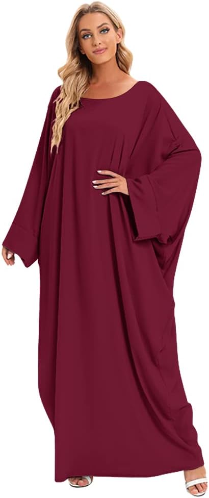 IMEKIS Muslim Dress for Women Hijab Abaya Batwing Sleeve Islamic Maxi Prayer Dress Plain Loose Jilbab Plus Size Middle East Dubai Turkey Arabic Khimar Kaftans