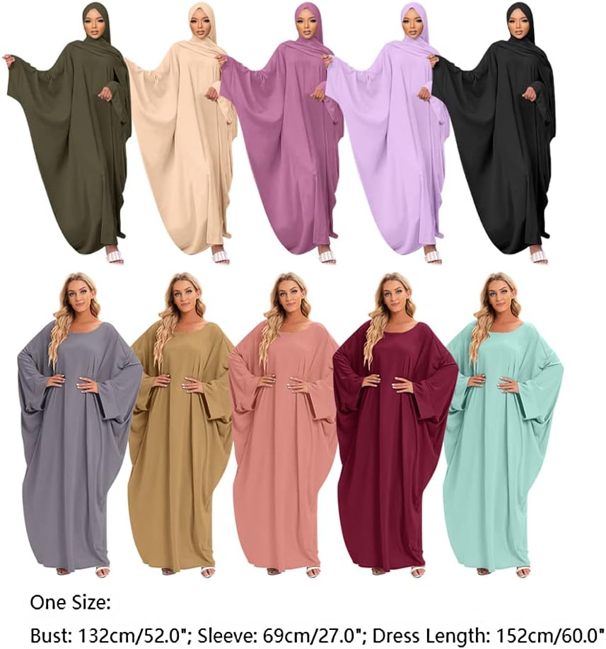 IMEKIS Muslim Dress for Women Hijab Abaya Batwing Sleeve Islamic Maxi Prayer Dress Plain Loose Jilbab Plus Size Middle East Dubai Turkey Arabic Khimar Kaftans