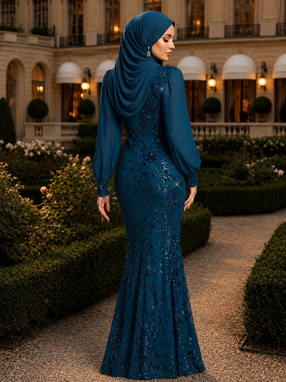 Elegant Teal Sequin Mermaid Evening Dress – Long Sleeve V-Neck Formal Gown