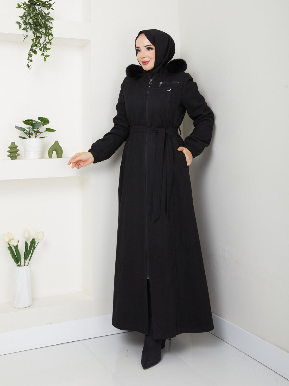 Women elegant Navy Long Coat – Belted waist, zip-up design