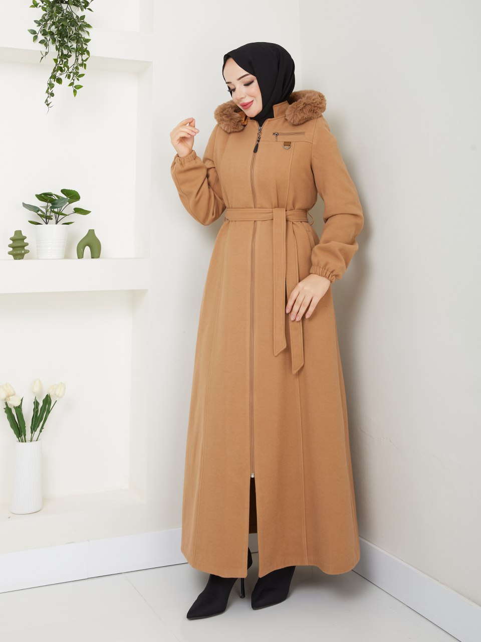 Women elegant Navy Long Coat – Belted waist, zip-up design