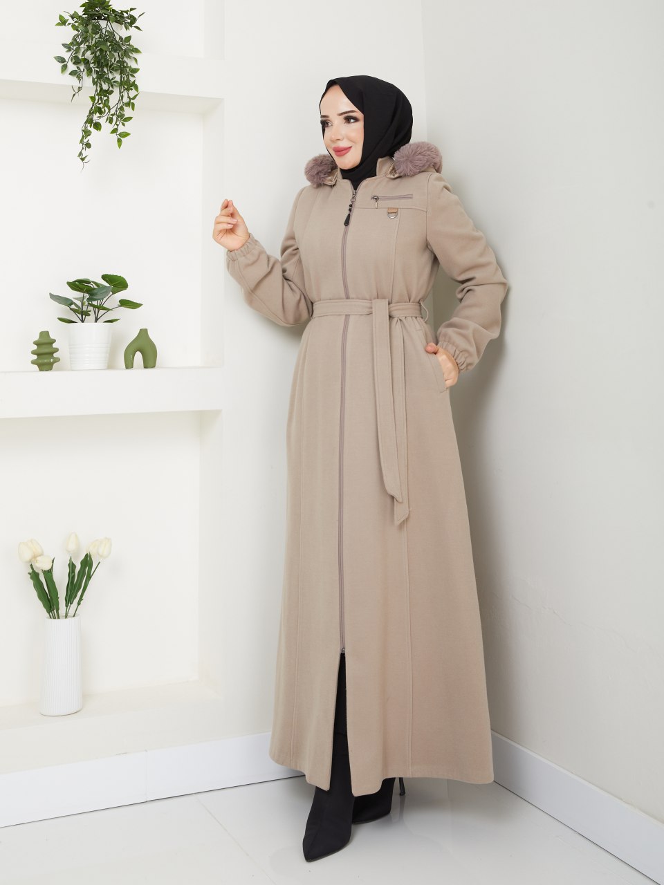 Women elegant Navy Long Coat – Belted waist, zip-up design