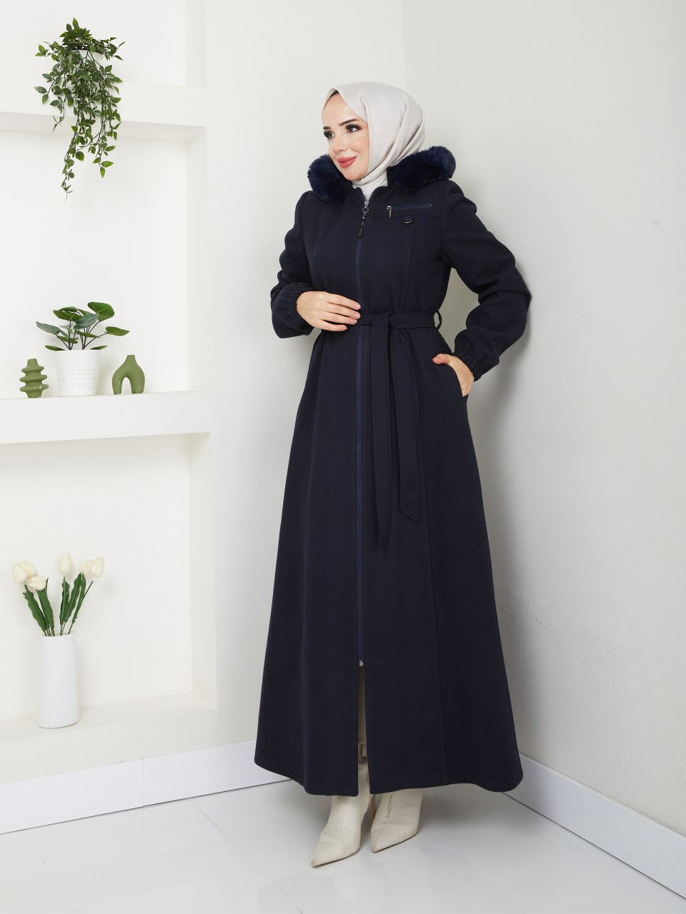 Women elegant Navy Long Coat – Belted waist, zip-up design