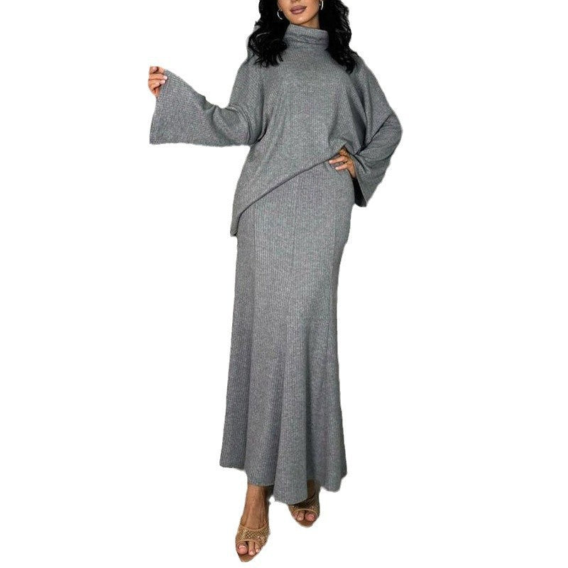 New long sleeve temperament high collar loose autumn and winter knitted skirt two-piece set
