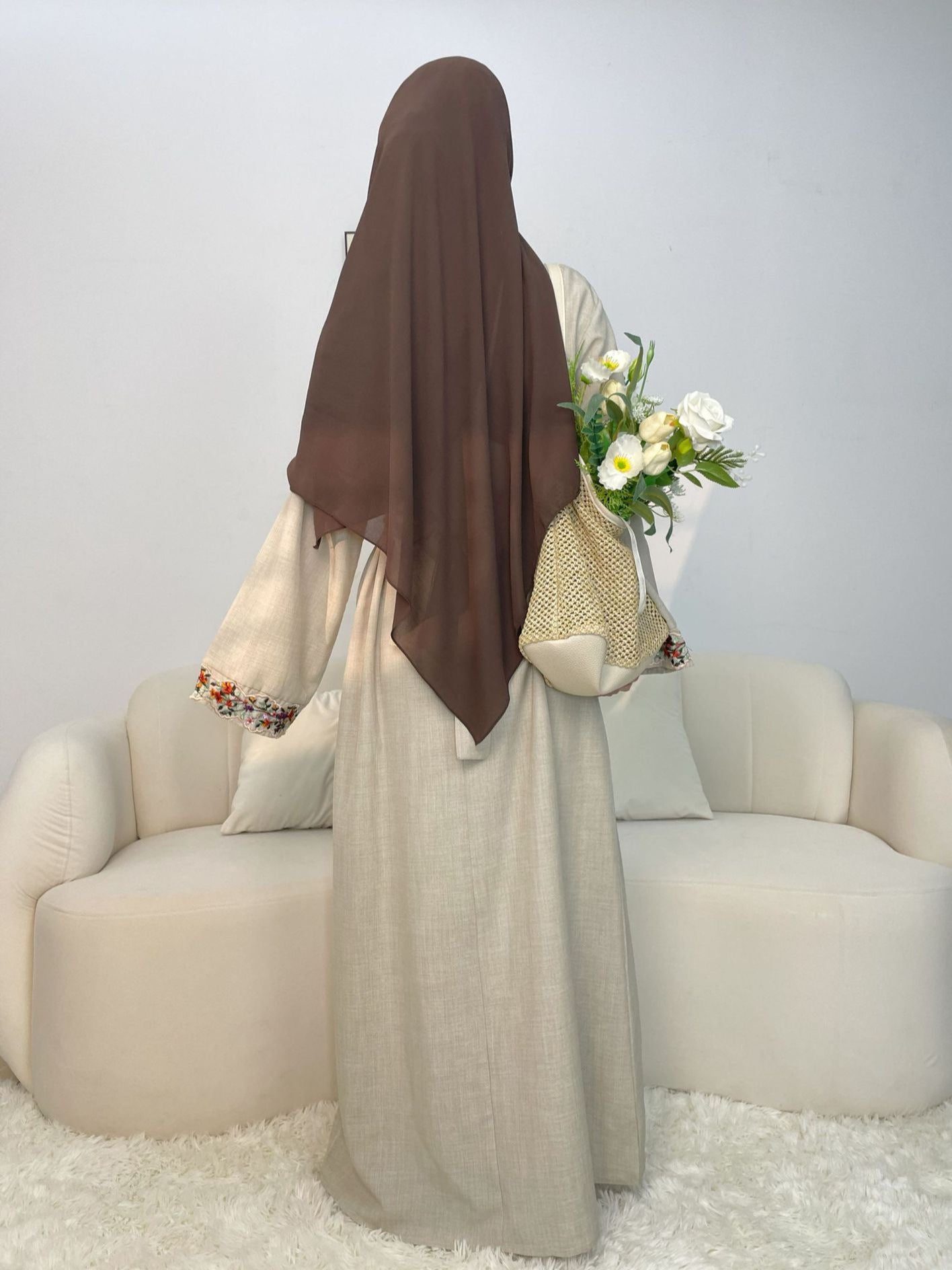 Abaya Linen Lace Embroidered Dress for Women