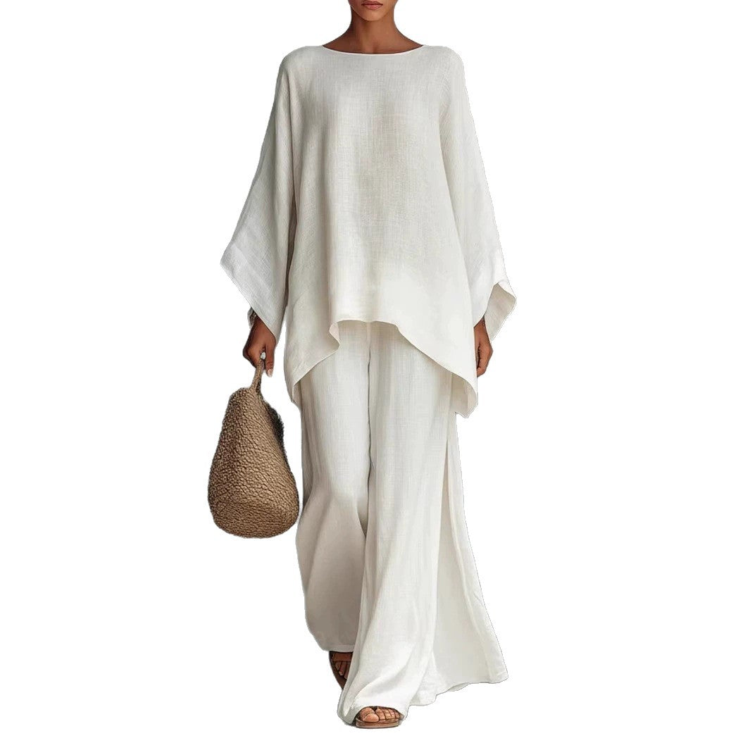 Loose Linen Blend Shirt and Wide-Leg Pants Set