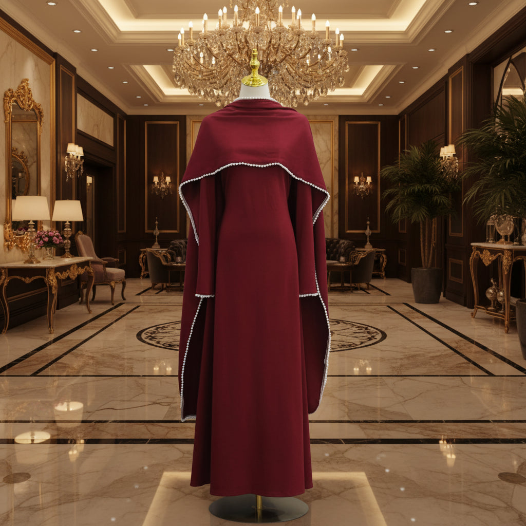 A long burgundy abaya dress displayed on a mannequin, featuring wide draped sleeves with white beaded trim and a gold mannequin stand against a white paneled wall.