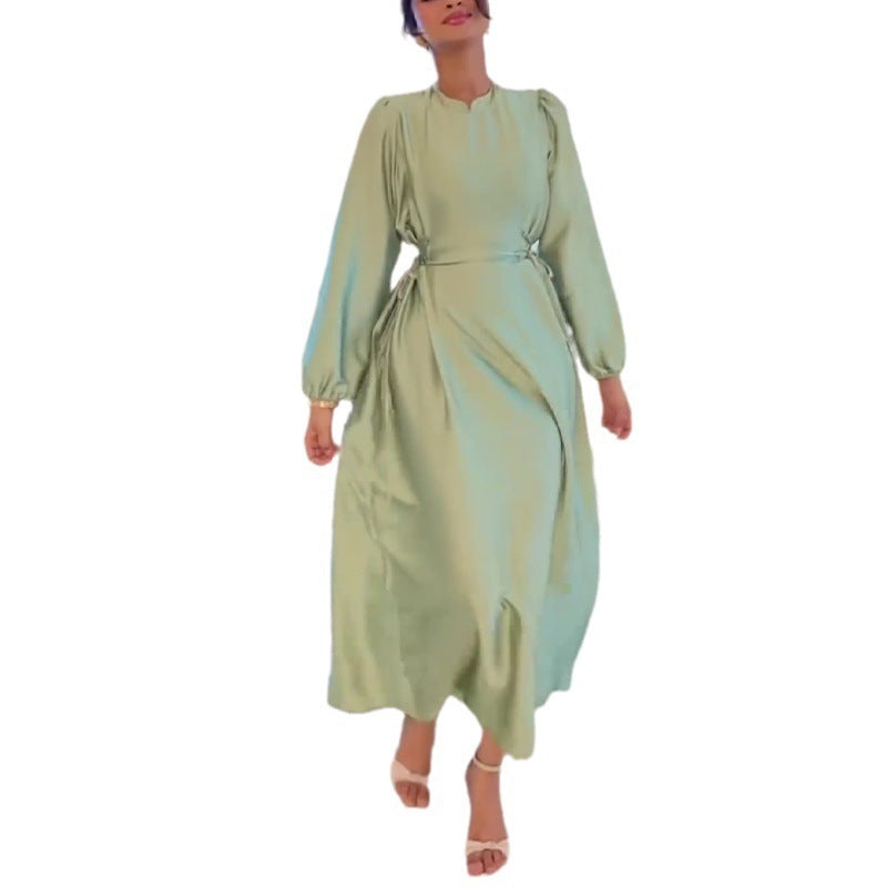 New Style Round Neck Lantern Sleeve Waist-Tie Fashion Long Dress