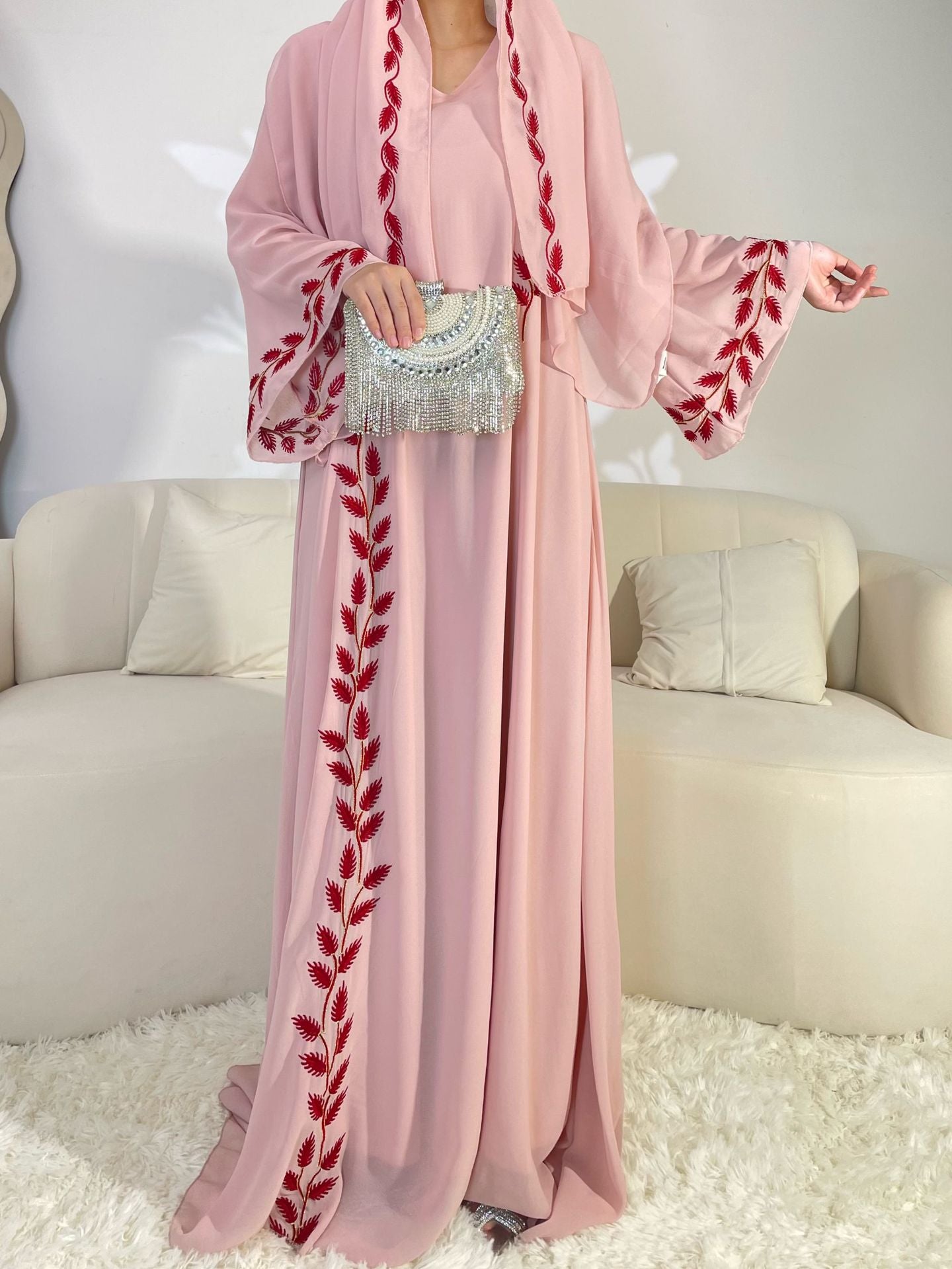 Turkish Style Embroidered Skirt Chiffon Long Dress with Headscarf