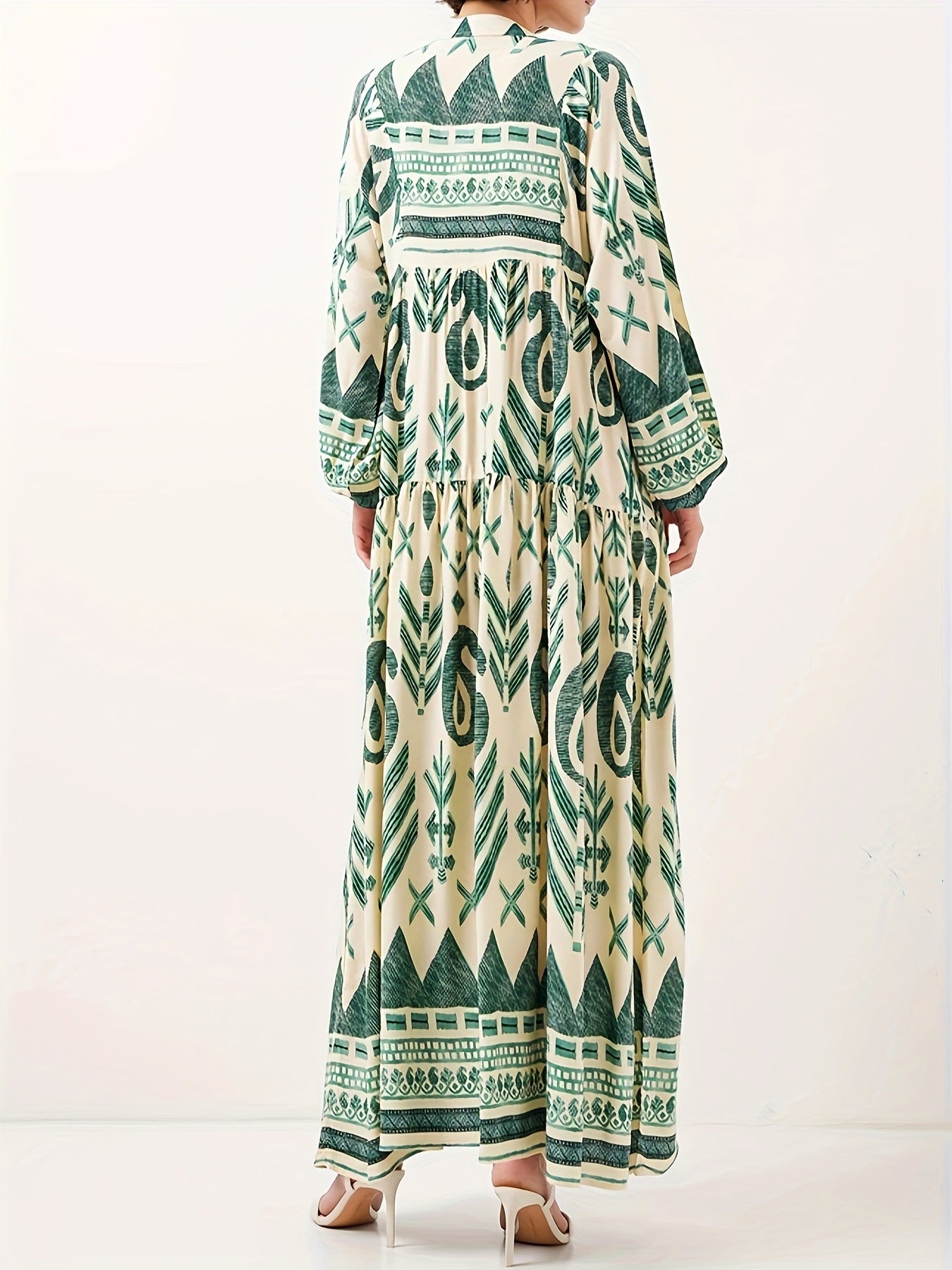 Green Cotton Printed Maxi Dress – Elegant Loose-Fit Long Sleeve Abaya Style