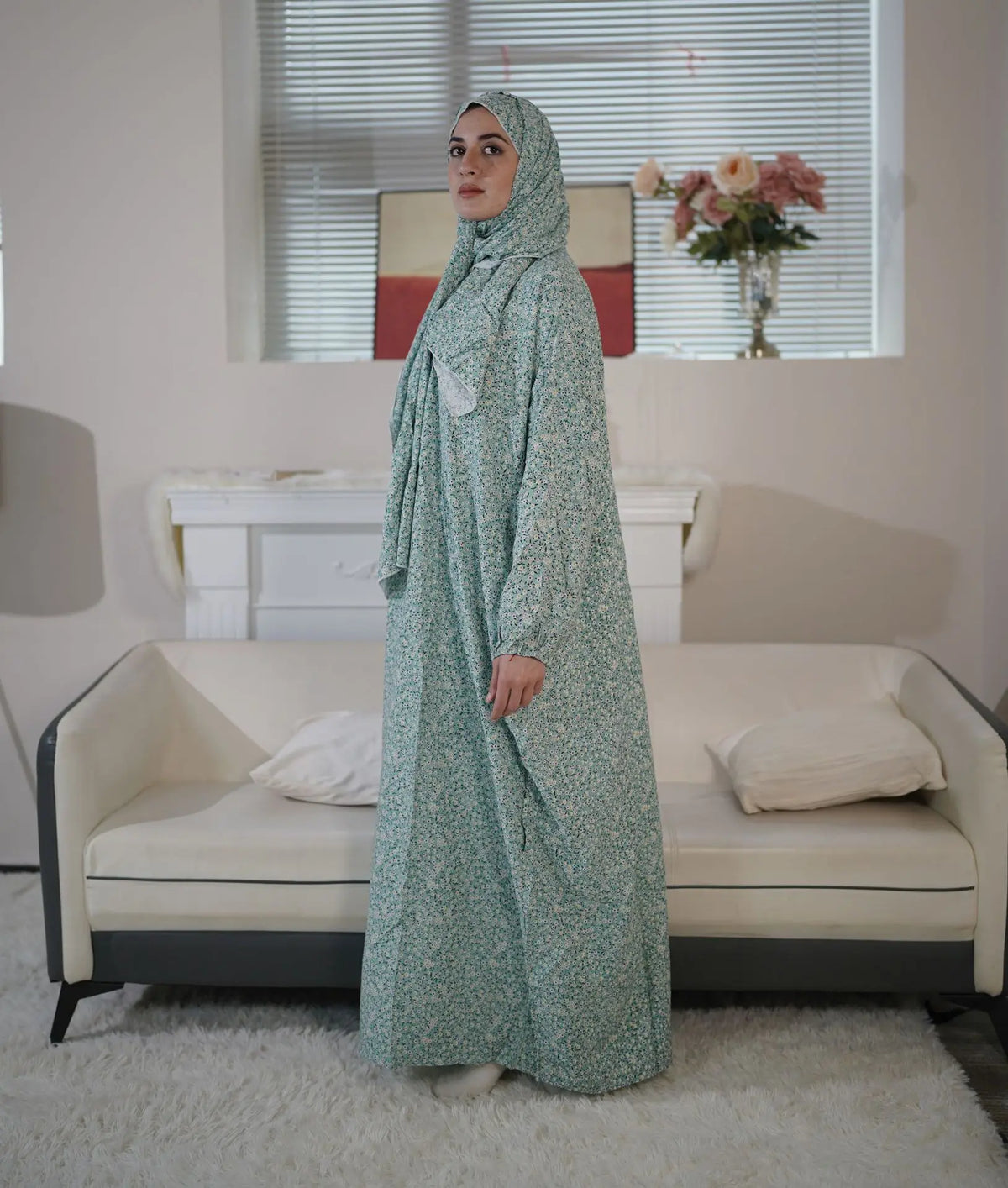 Sage Green Floral Prayer Abaya Set – Women's Muslim Prayer Dress