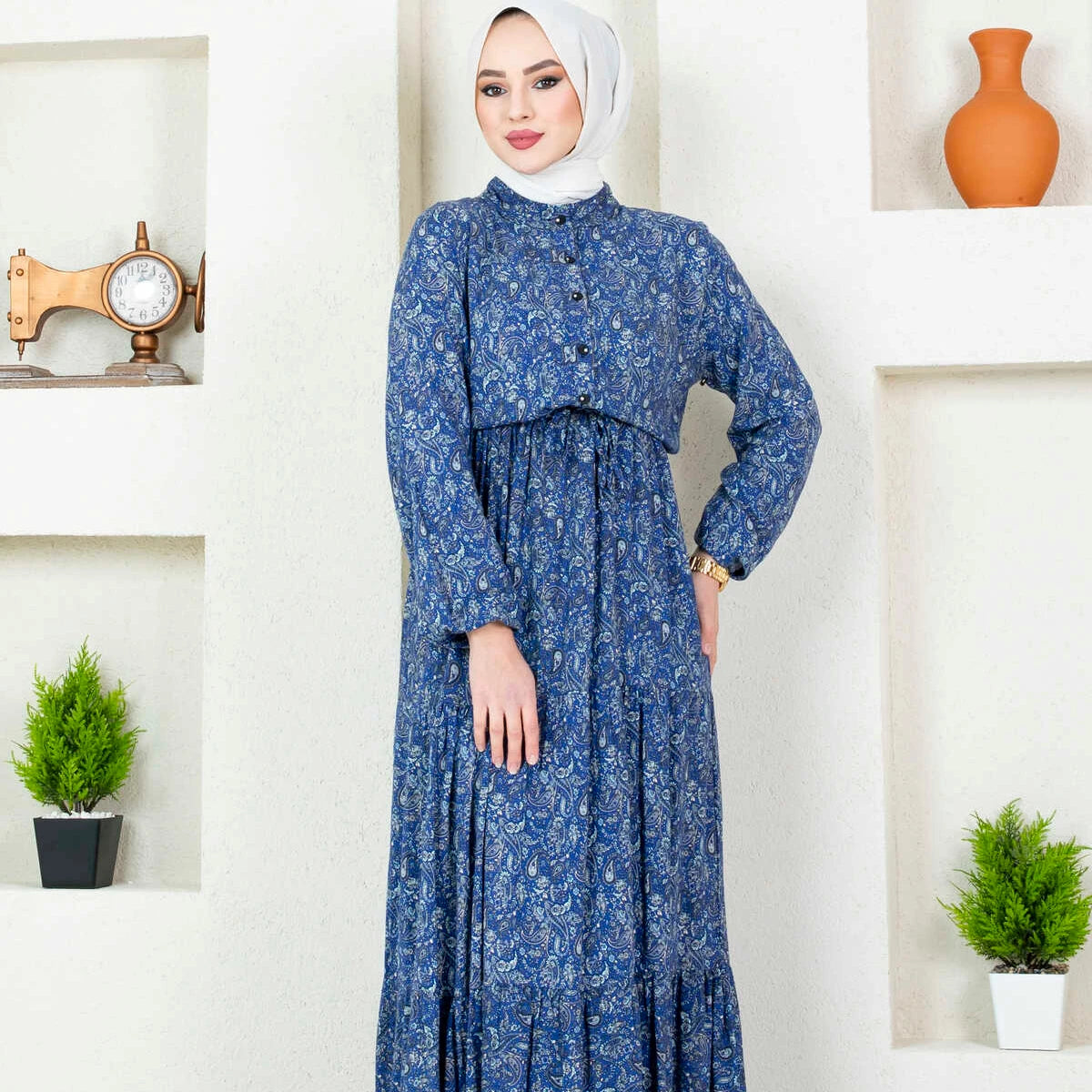 Elegant Blue Paisley Maxi Dress with Modest Chic Style