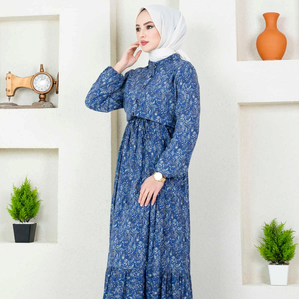 Elegant Blue Paisley Maxi Dress with Modest Chic Style