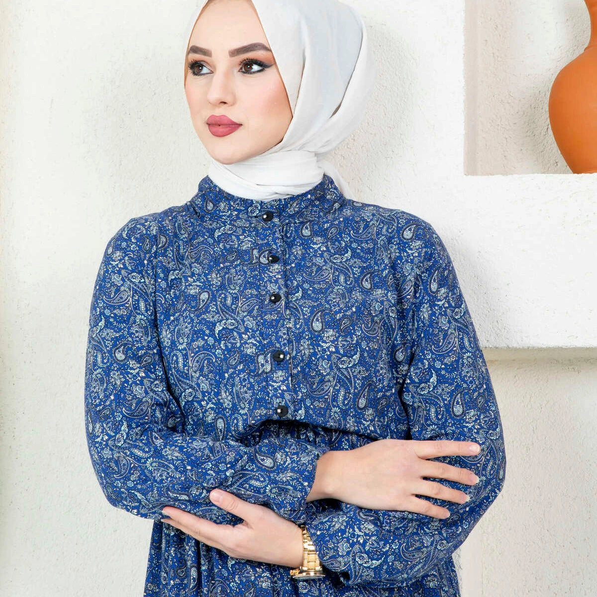 Elegant Blue Paisley Maxi Dress with Modest Chic Style