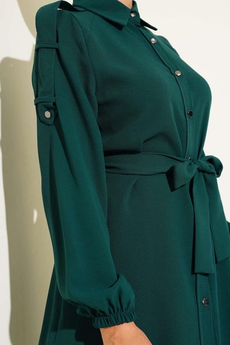 Waist Tie Shoulder Buttoned 2 Piece Set Emerald