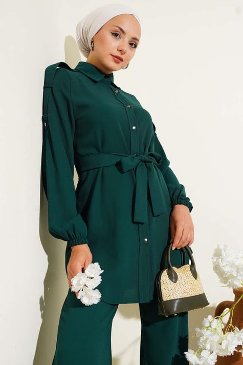 Waist Tie Shoulder Buttoned 2 Piece Set Emerald