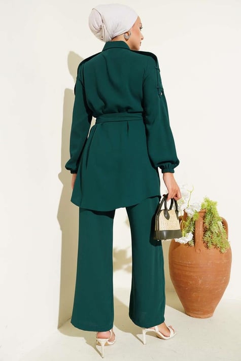Waist Tie Shoulder Buttoned 2 Piece Set Emerald
