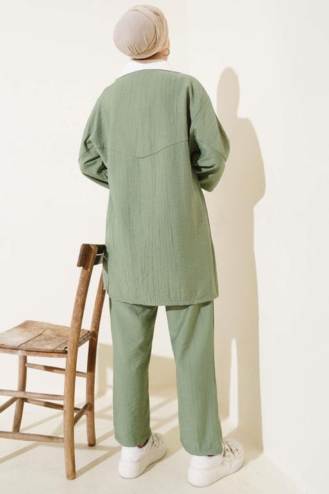 Garnished Front Zippered 2 Piece Set Almond Green