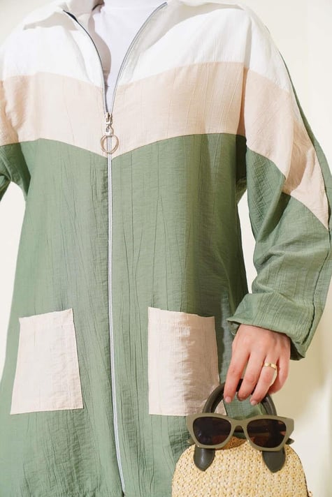 Garnished Front Zippered 2 Piece Set Almond Green