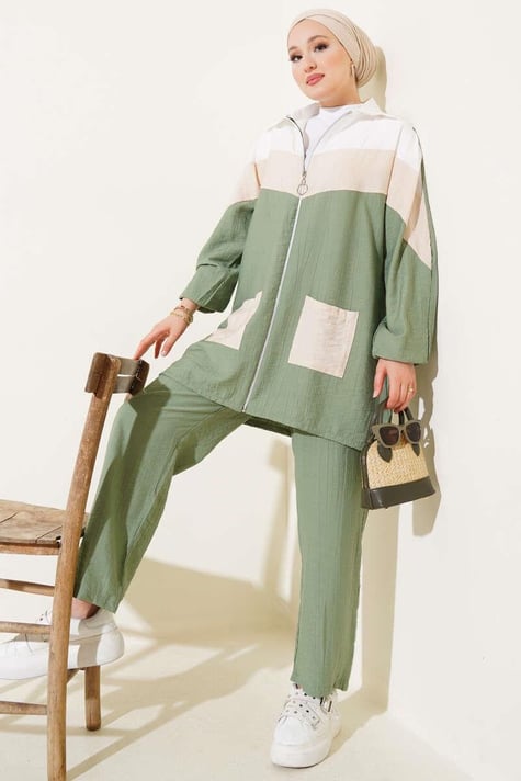 Garnished Front Zippered 2 Piece Set Almond Green