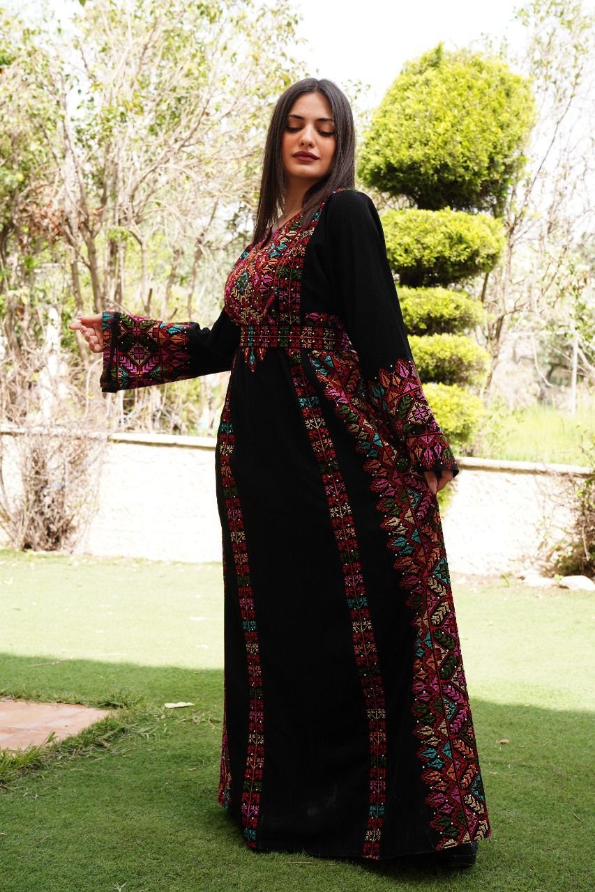 Palestinian Thobe Tatreez Embroidery Front and Back Six Strips Red And Black
