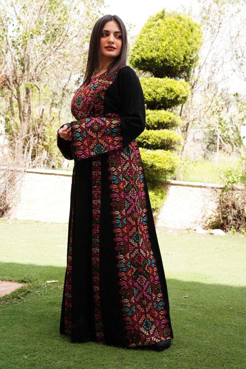 Palestinian Thobe Tatreez Embroidery Front and Back Six Strips Red And Black