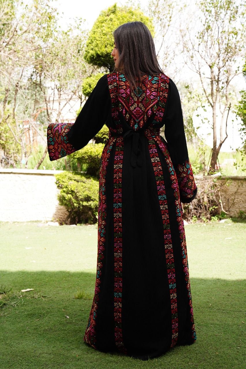 Palestinian Thobe Tatreez Embroidery Front and Back Six Strips Red And Black