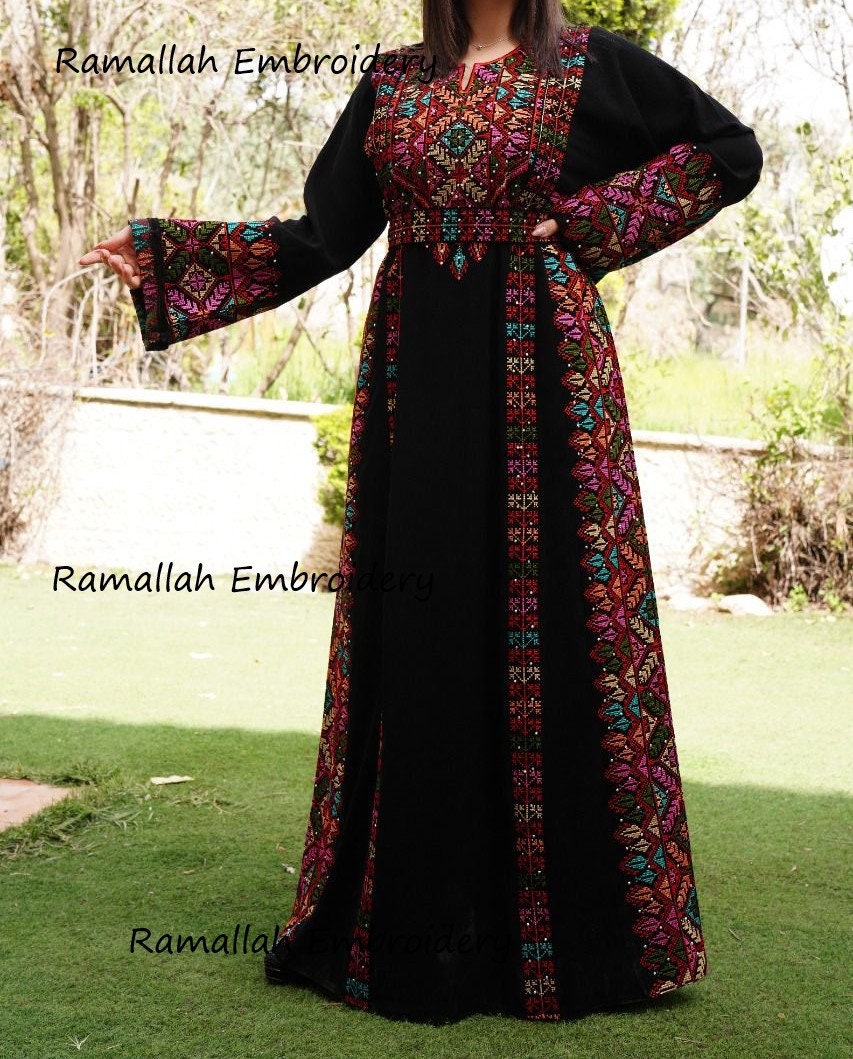 Palestinian Thobe Tatreez Embroidery Front and Back Six Strips Red And Black
