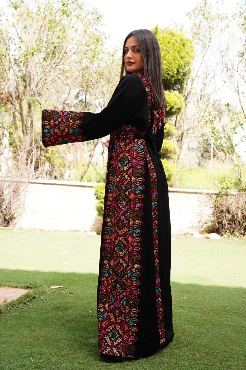 Palestinian Thobe Tatreez Embroidery Front and Back Six Strips Red And Black