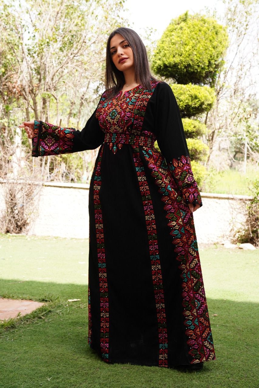 Palestinian Thobe Tatreez Embroidery Front and Back Six Strips Red And Black