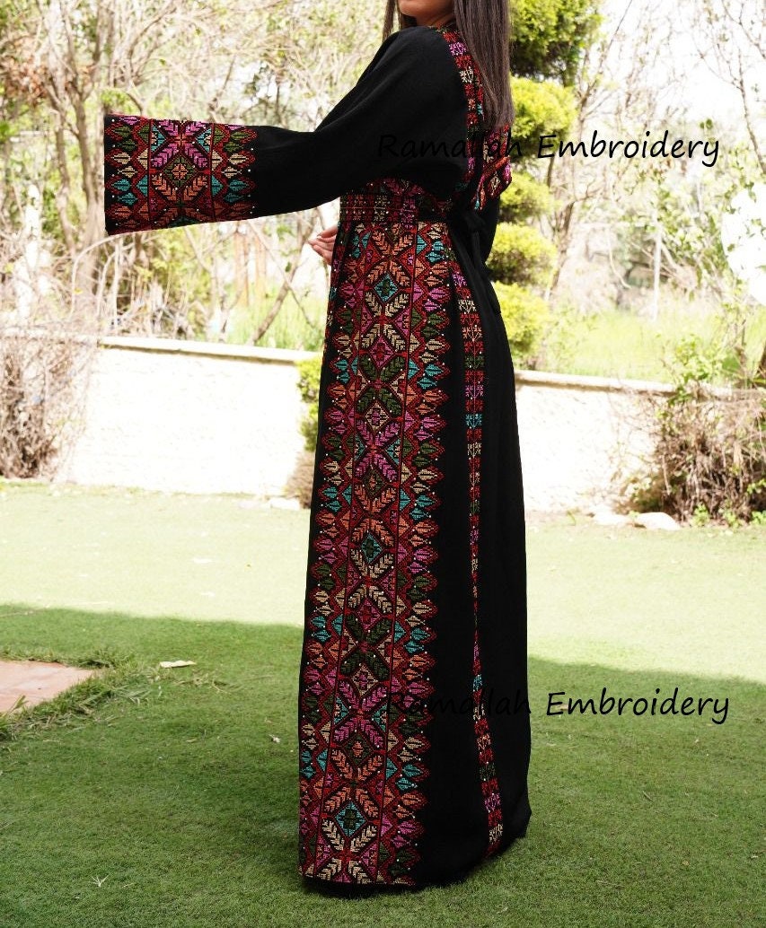 Palestinian Thobe Tatreez Embroidery Front and Back Six Strips Red And Black