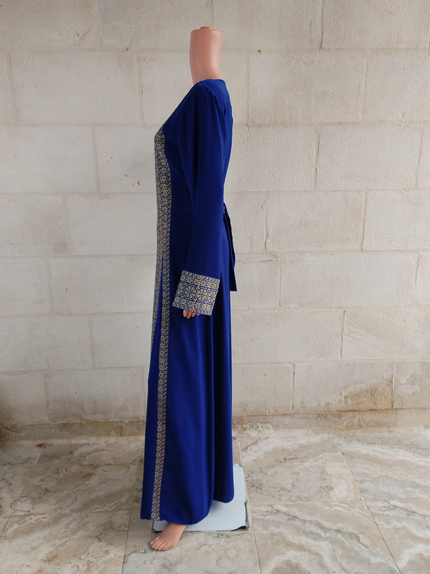 Palestinian thobe Tatreez Dress Blue with Golden Embroidery