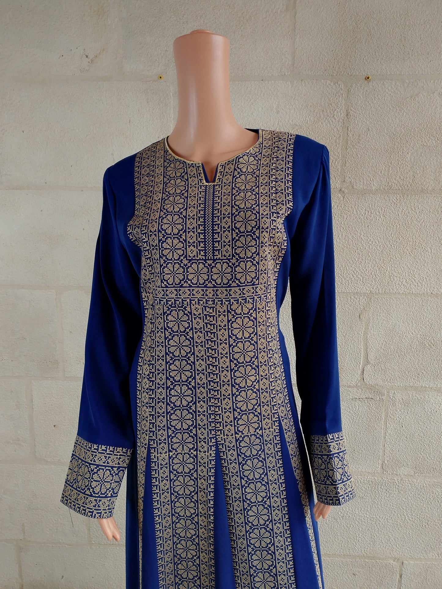 Palestinian thobe Tatreez Dress Blue with Golden Embroidery
