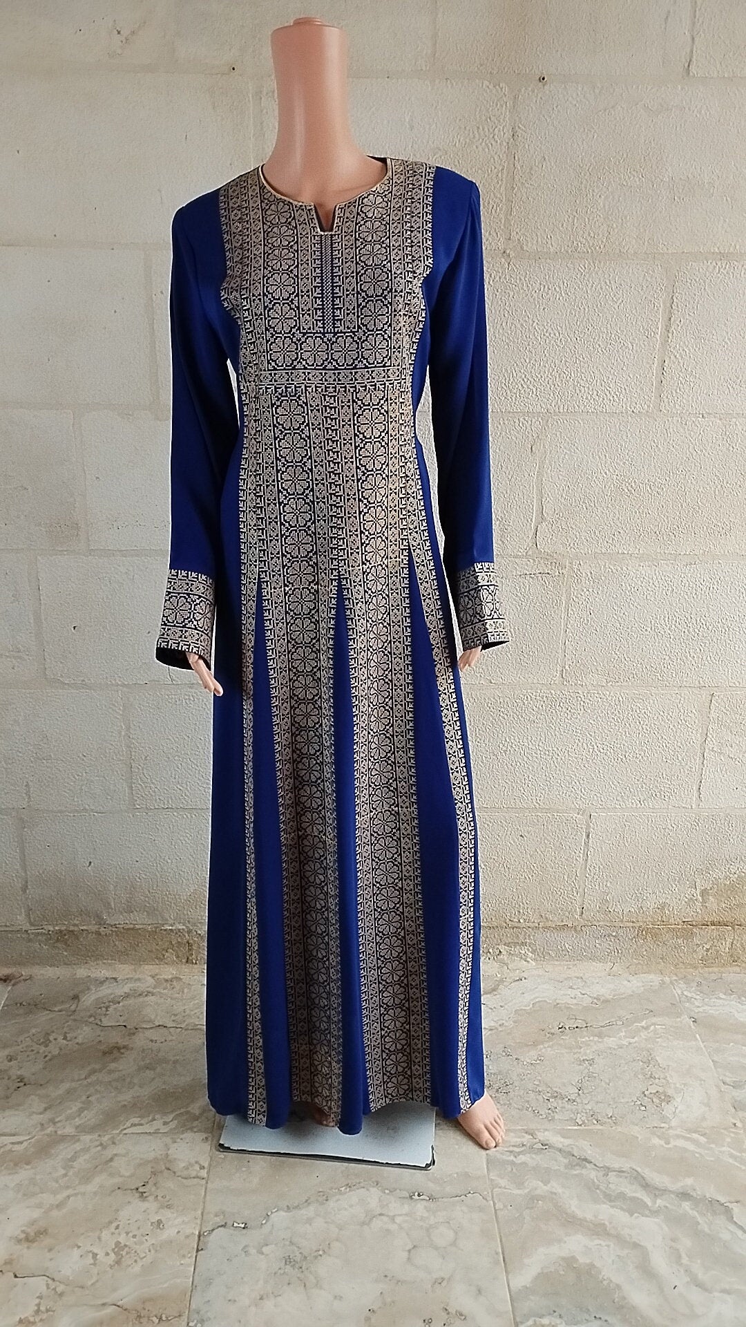 Palestinian thobe Tatreez Dress Blue with Golden Embroidery