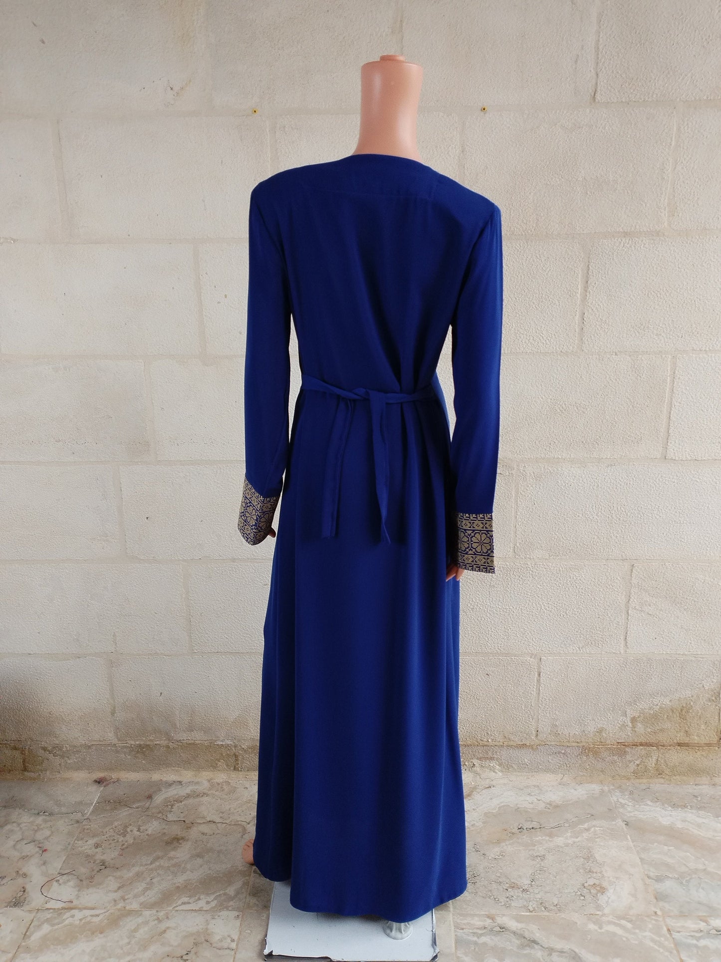 Palestinian thobe Tatreez Dress Blue with Golden Embroidery