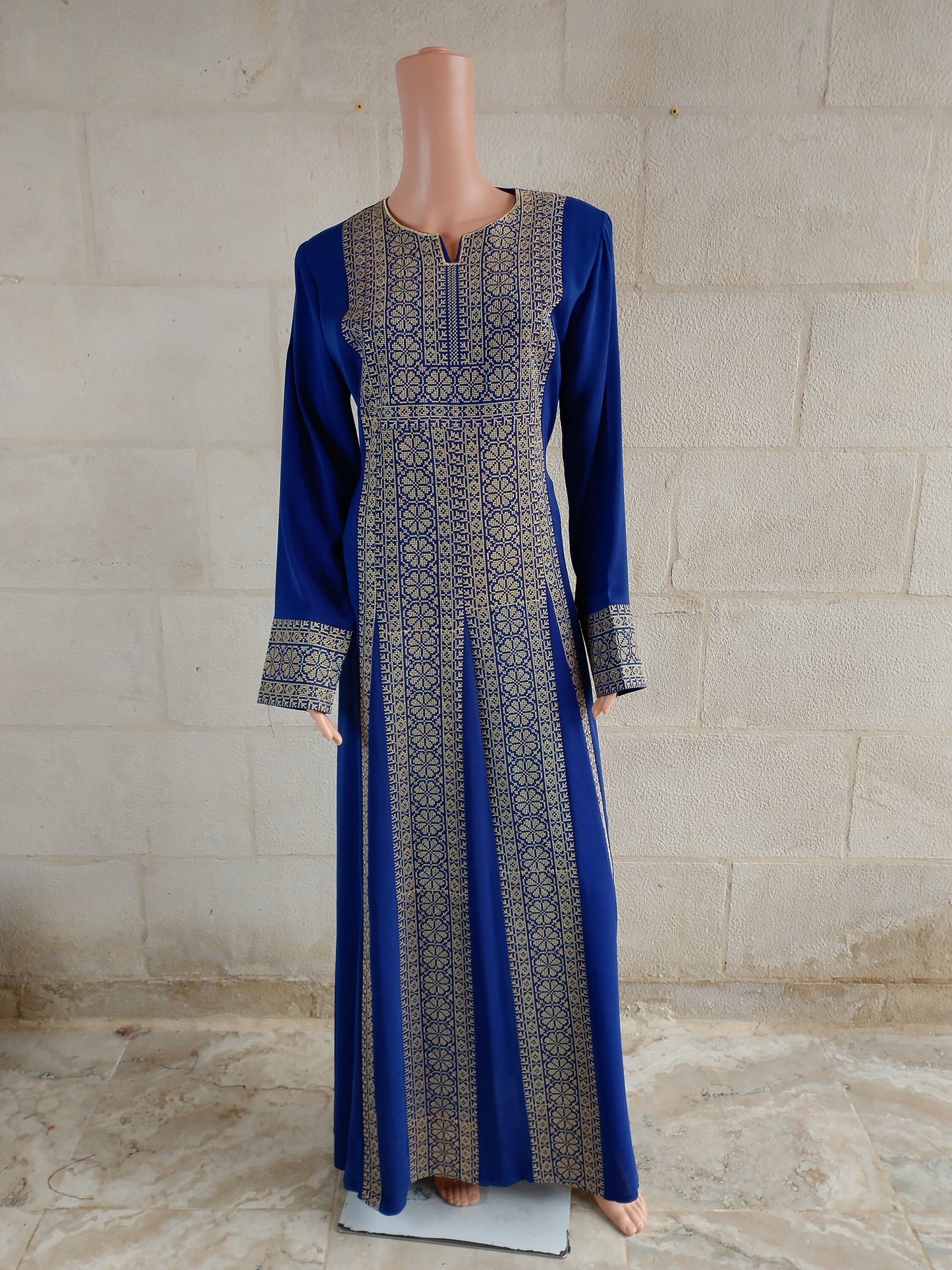 Palestinian thobe Tatreez Dress Blue with Golden Embroidery