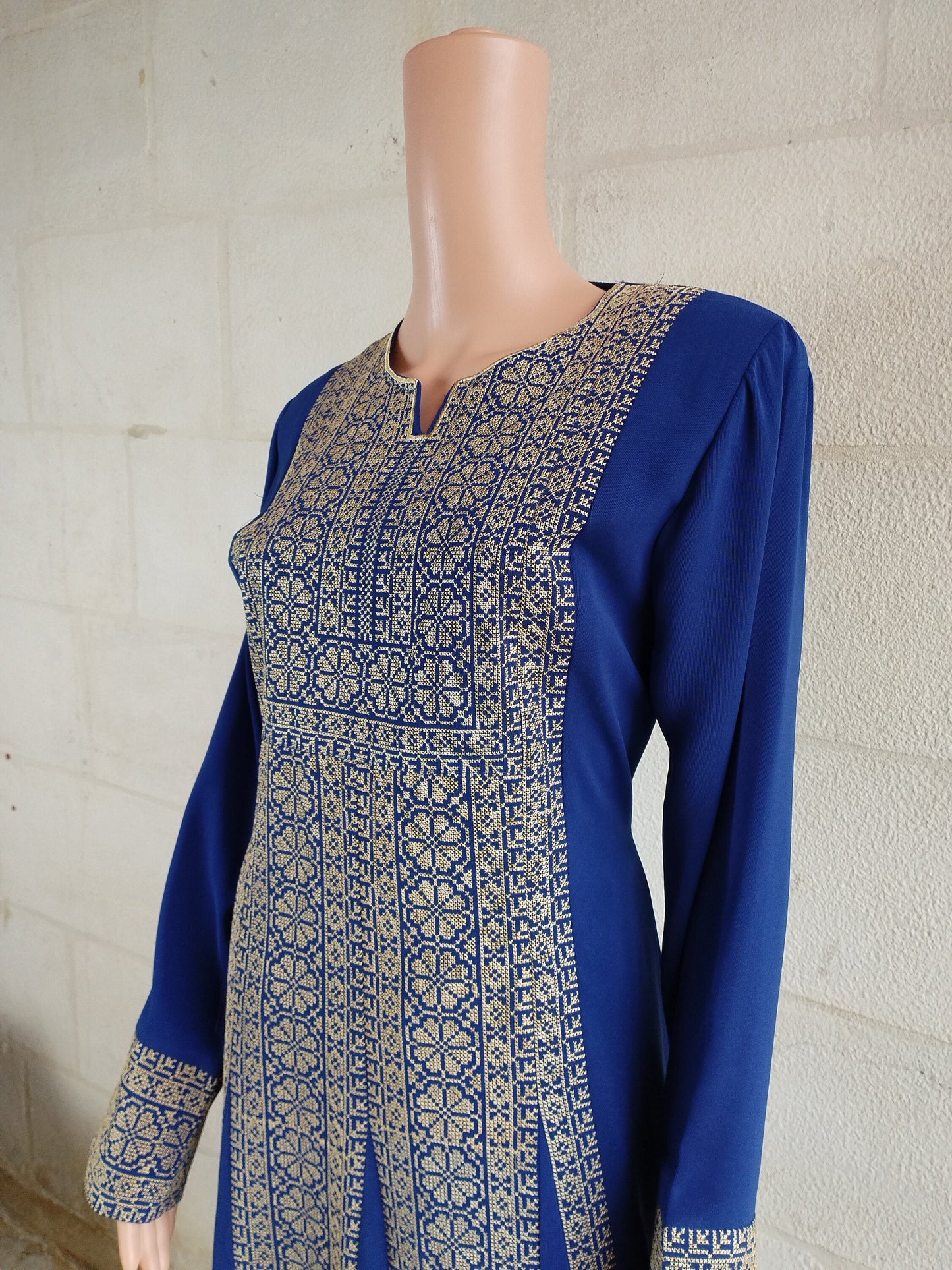 Palestinian thobe Tatreez Dress Blue with Golden Embroidery