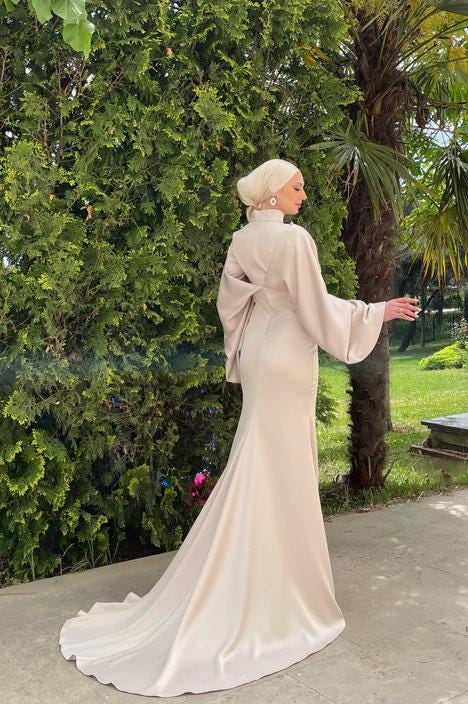 Nikkah Dress,Modest Prom Dress,Bridal Abaya, Hijab Dress,Prom Dress,Evening Dress, Engagement Dress,Long Sleeve Dress,Satin White Abaya