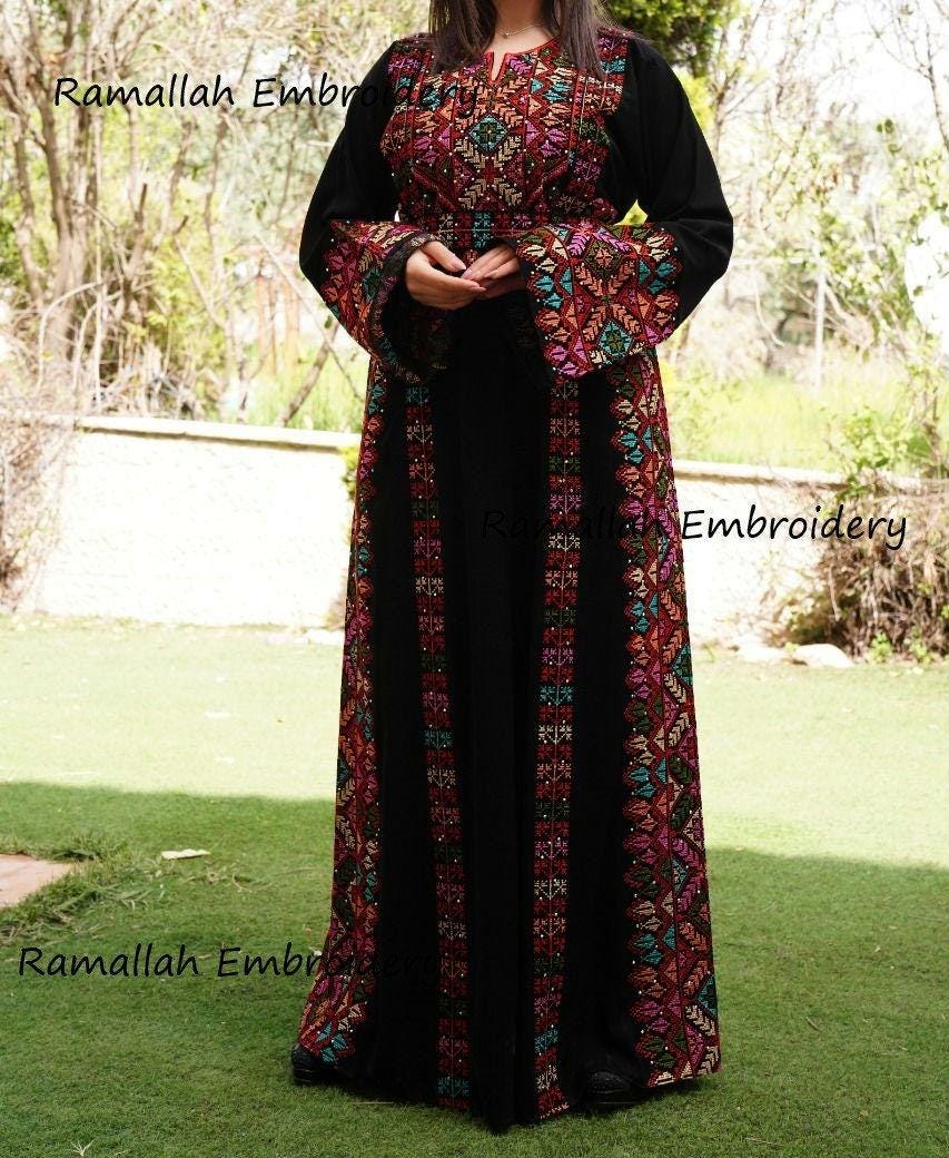 Palestinian Thobe Tatreez Embroidery Front and Back Six Strips Red And Black