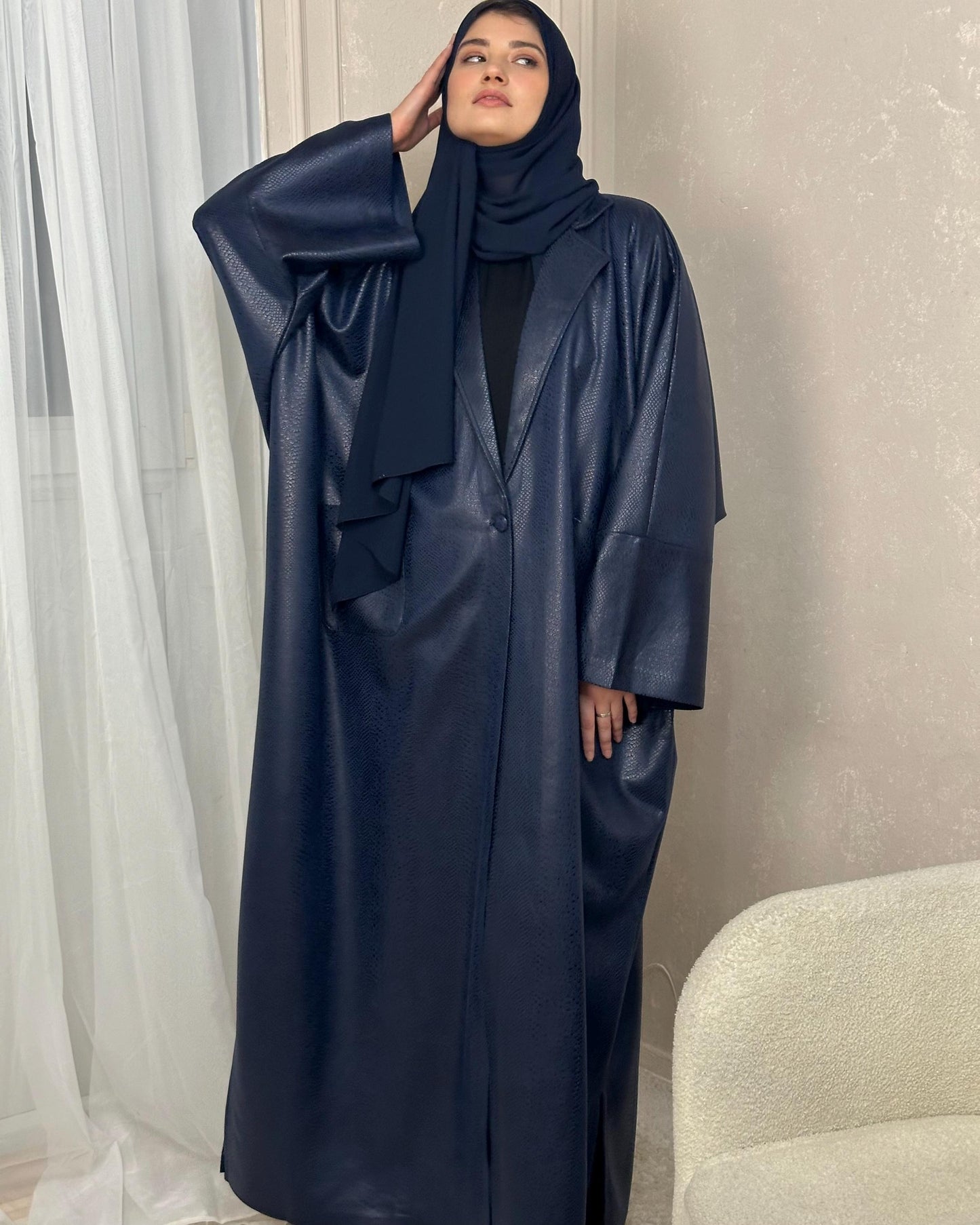 Faux Snake Leather Blazer Butterfly Coat Abaya (Navy)