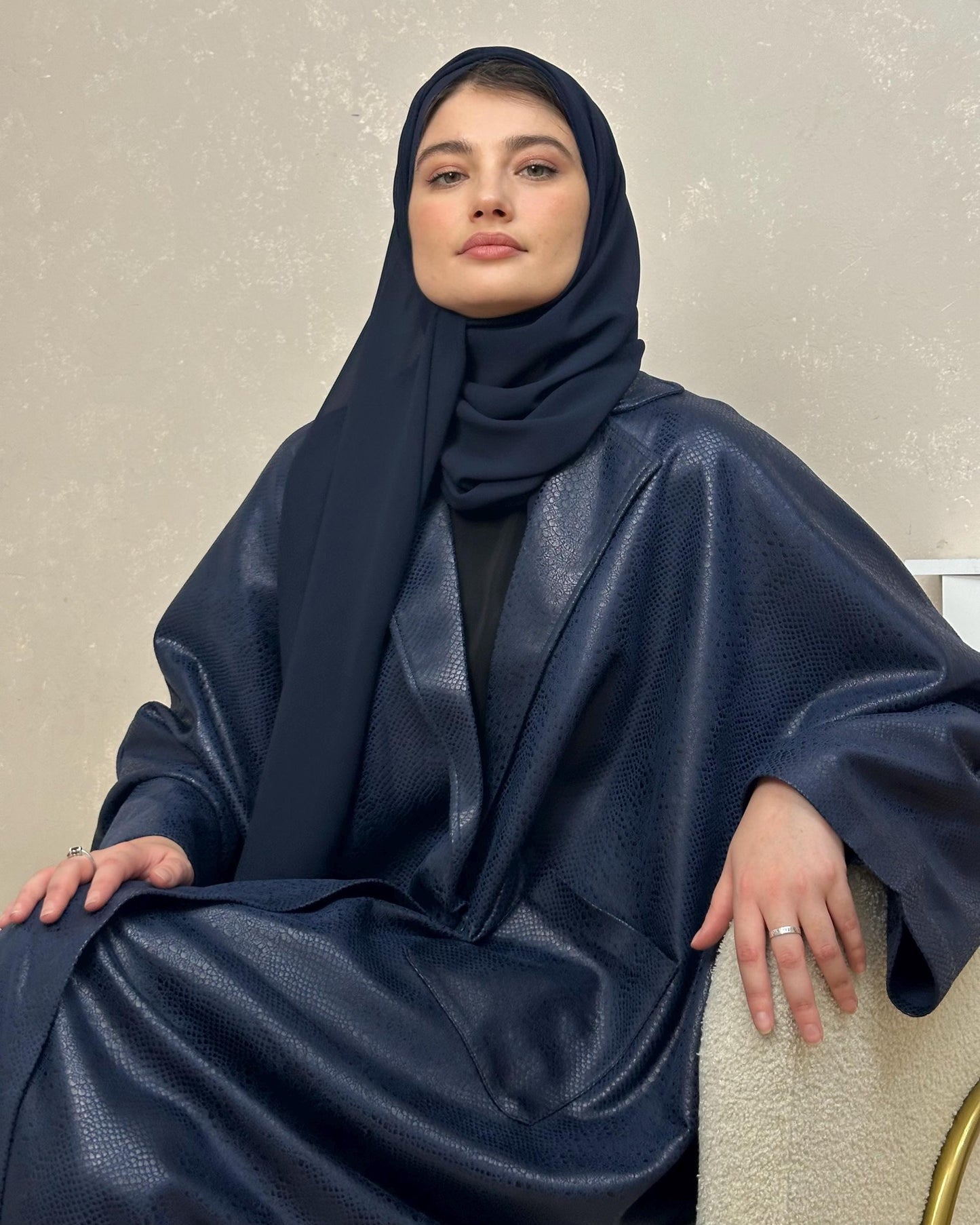 Faux Snake Leather Blazer Butterfly Coat Abaya (Navy)
