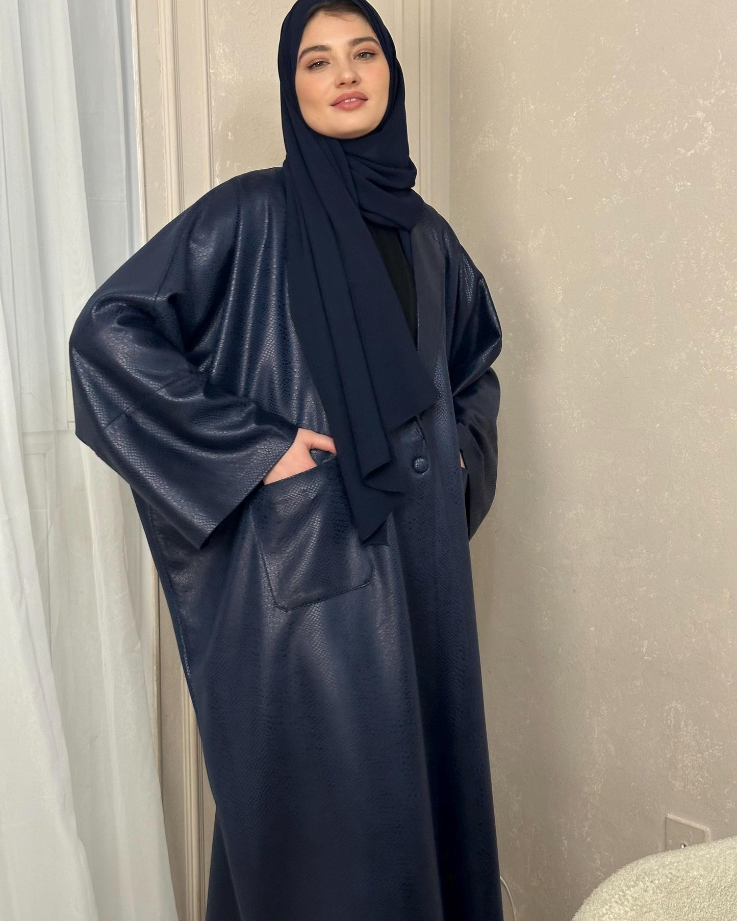 Faux Snake Leather Blazer Butterfly Coat Abaya (Navy)
