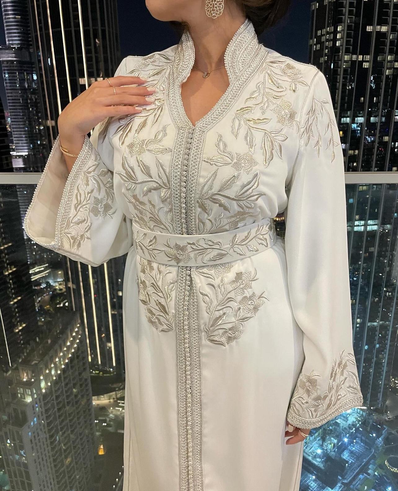 Moroccan White Caftan With Silver Embroidery , Bridal Kaftan, Wedding Dress, Nikah Dress, Custom Made Moroccan Abaya