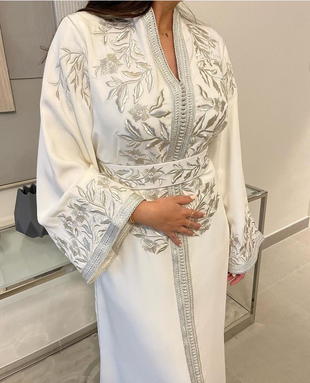 Moroccan White Caftan With Silver Embroidery , Bridal Kaftan, Wedding Dress, Nikah Dress, Custom Made Moroccan Abaya