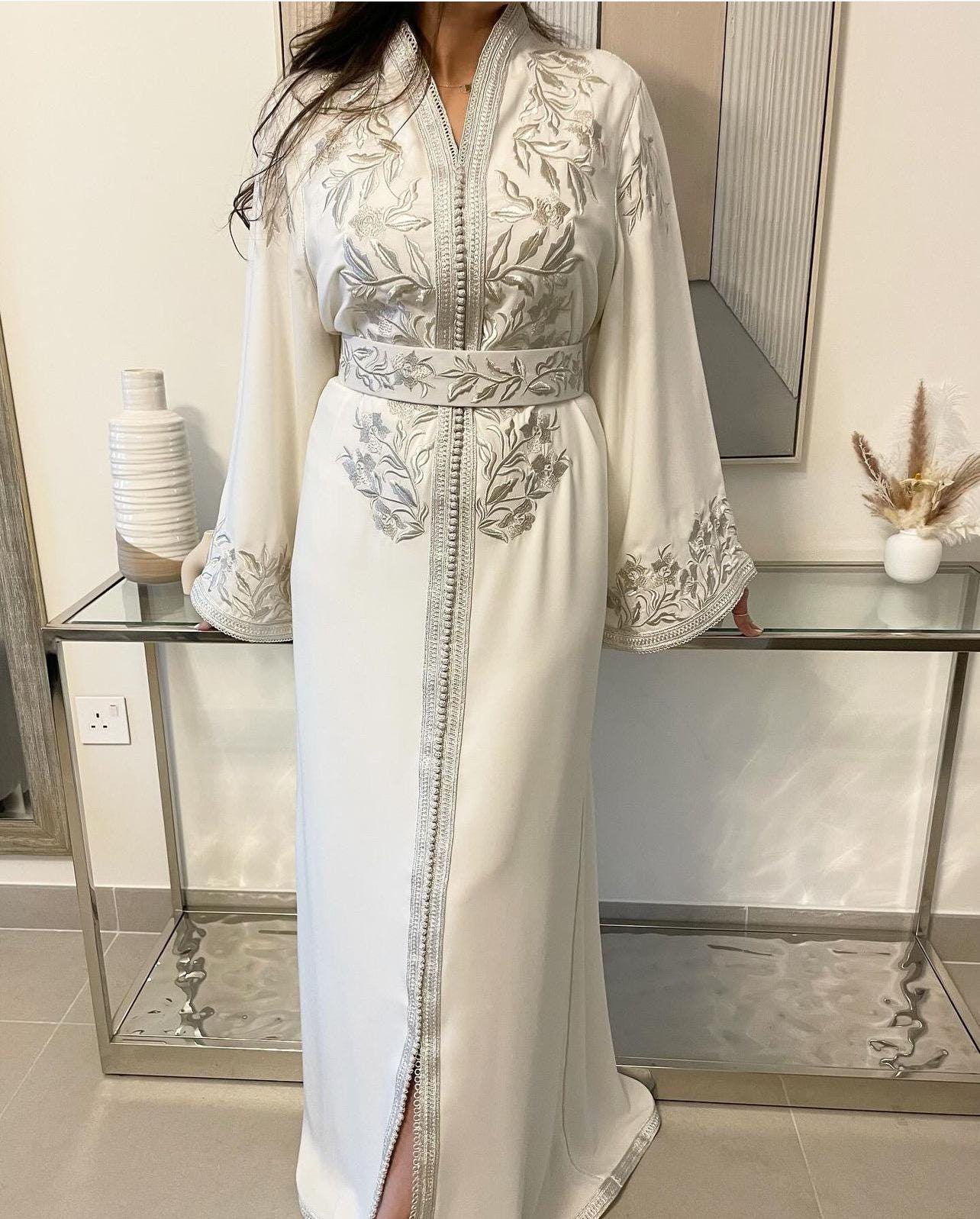 Moroccan White Caftan With Silver Embroidery , Bridal Kaftan, Wedding Dress, Nikah Dress, Custom Made Moroccan Abaya