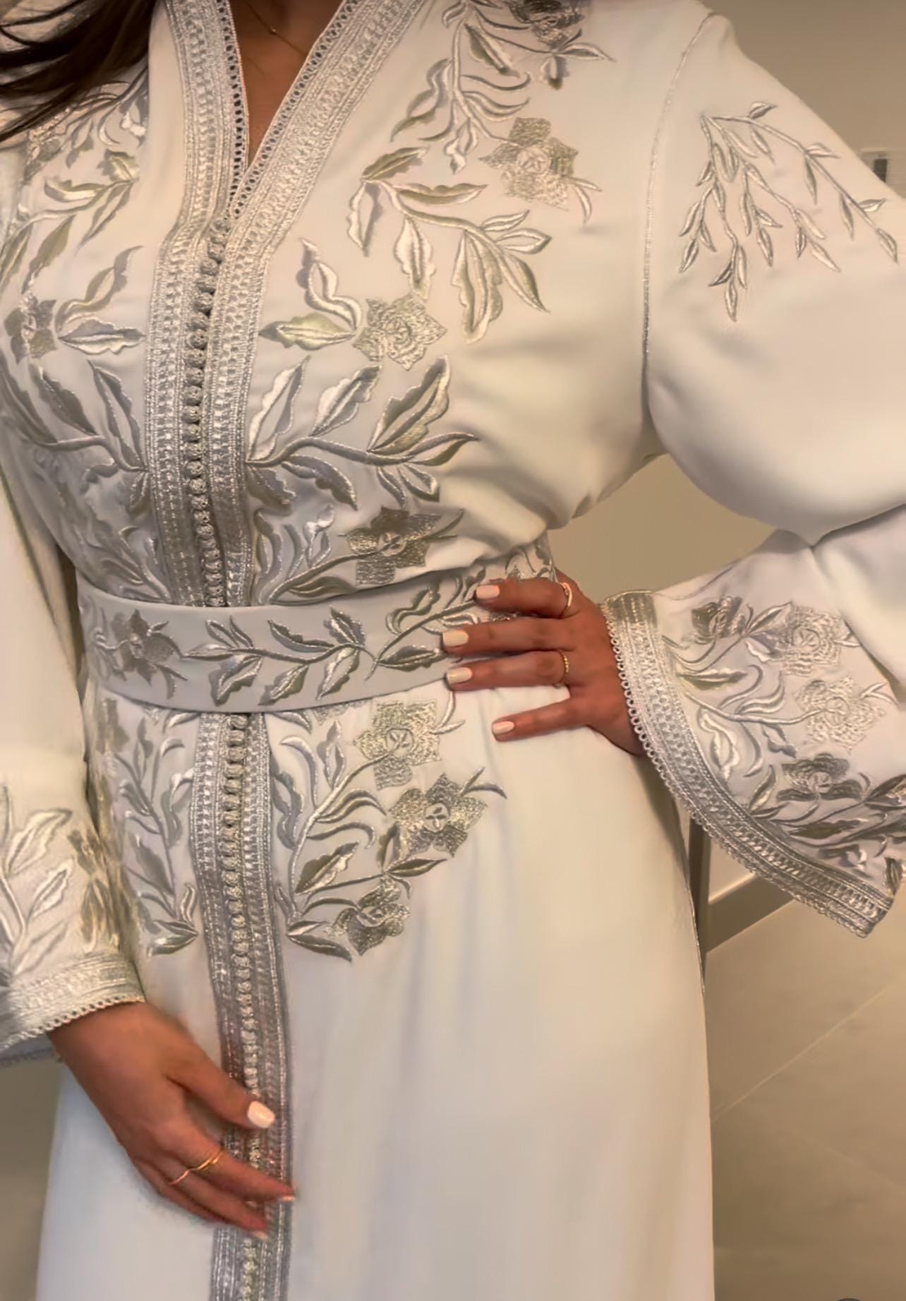 Moroccan White Caftan With Silver Embroidery , Bridal Kaftan, Wedding Dress, Nikah Dress, Custom Made Moroccan Abaya