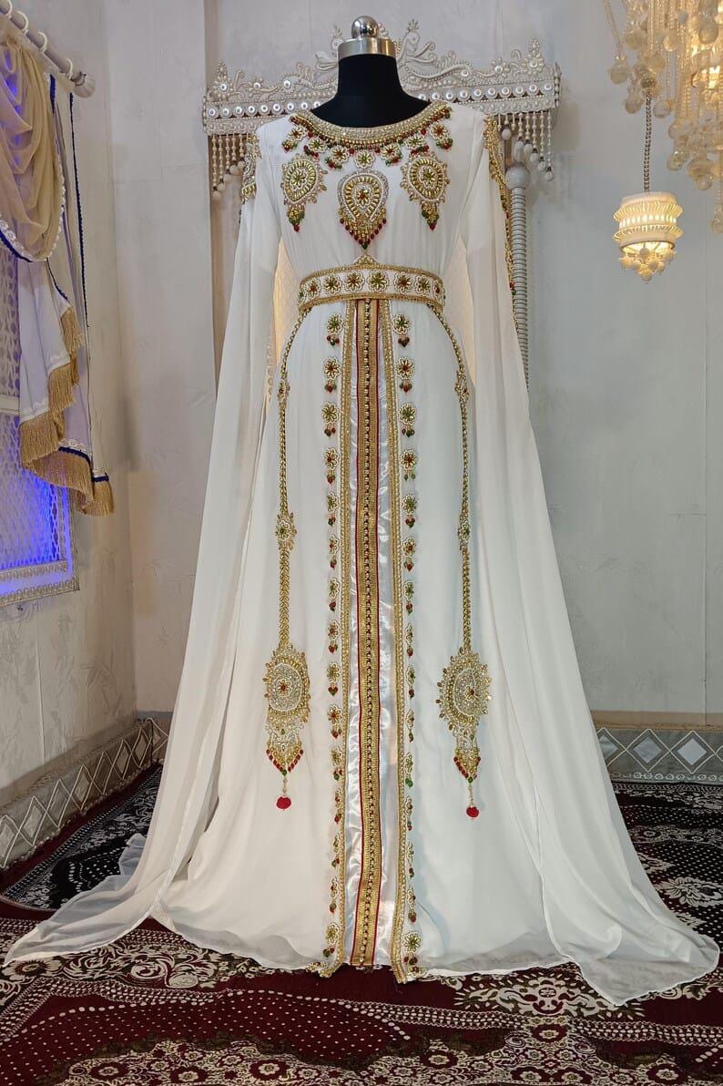 White Moroccan Embroidered Kaftan Dress – Handmade Abaya Gown, Formal Maxi Caftan for Wedding, Eid, Party