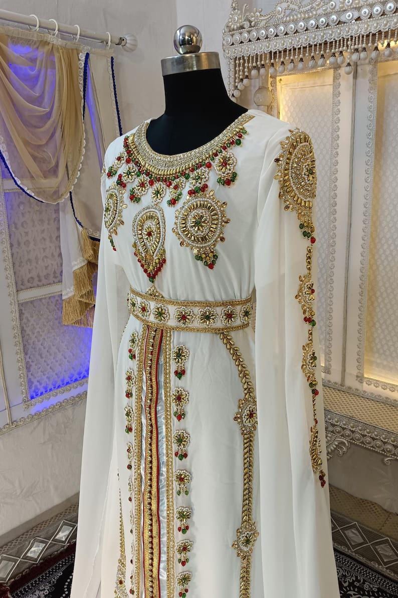 White Moroccan Embroidered Kaftan Dress – Handmade Abaya Gown, Formal Maxi Caftan for Wedding, Eid, Party