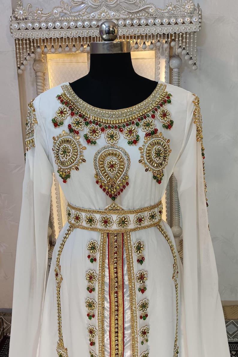 White Moroccan Embroidered Kaftan Dress – Handmade Abaya Gown, Formal Maxi Caftan for Wedding, Eid, Party