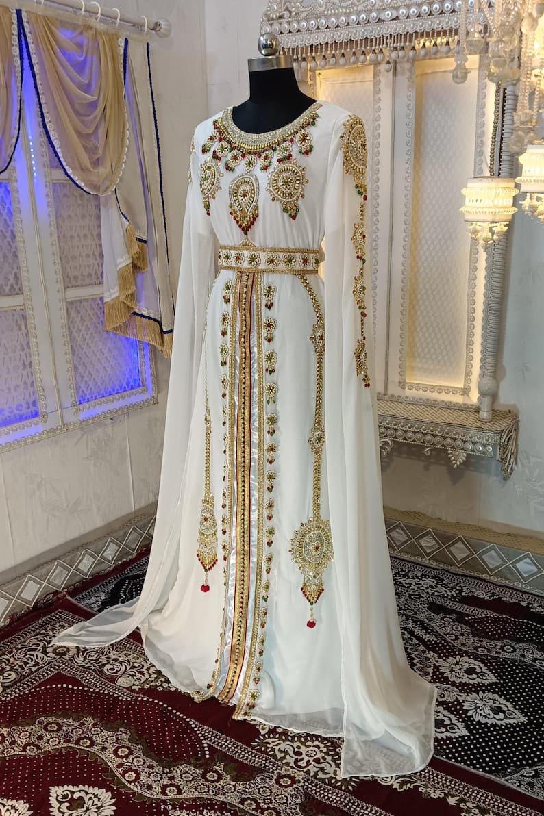 White Moroccan Embroidered Kaftan Dress – Handmade Abaya Gown, Formal Maxi Caftan for Wedding, Eid, Party